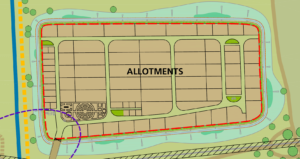 The layout of Clay Farm allotments as envisaged in planning submission 2010.
